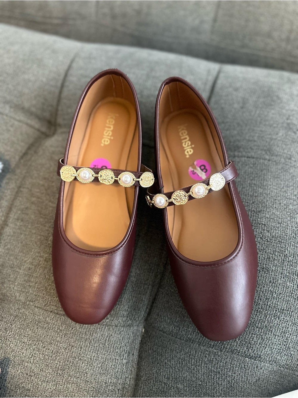 Kensie Wine Mary Jane Flats with Pearl & Gold Medallions